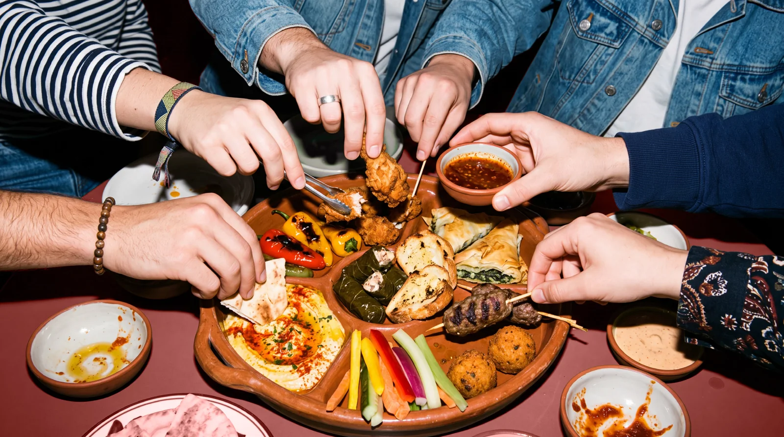 Hands reaching for shared food around a table