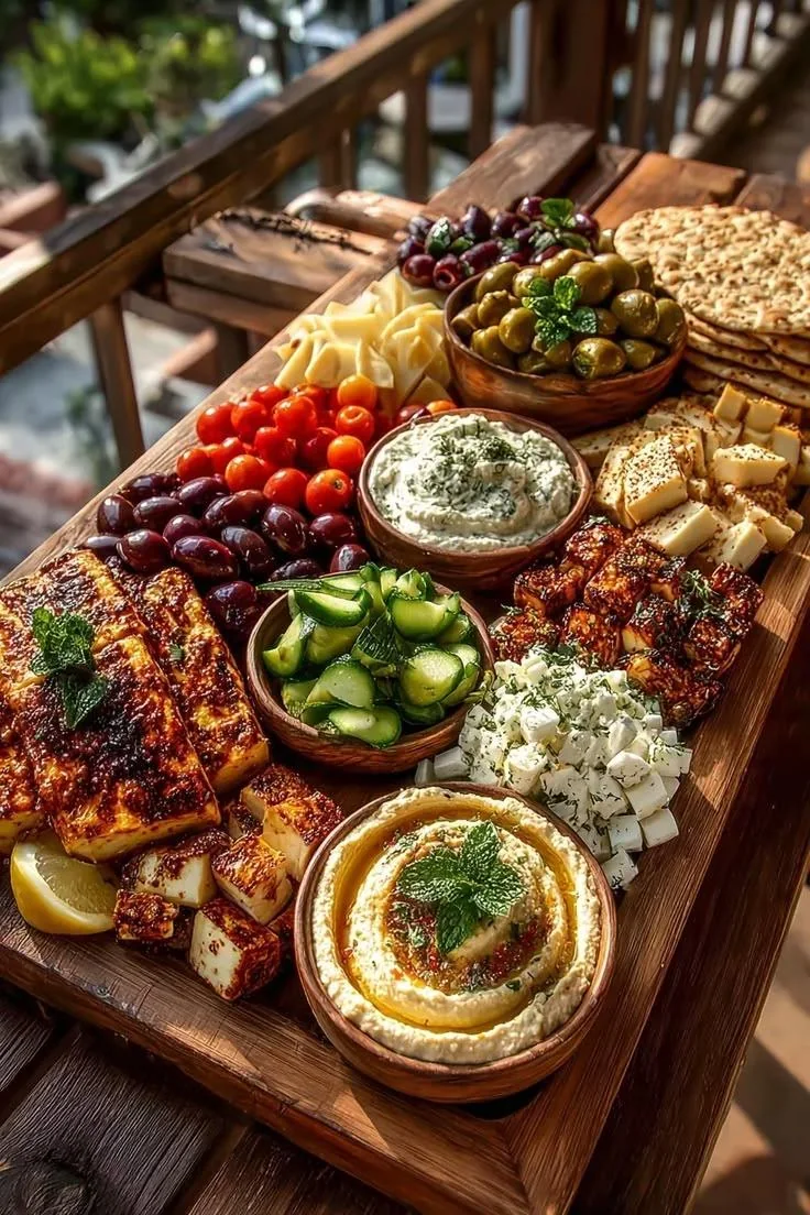 A shared platter of salads and mezze
