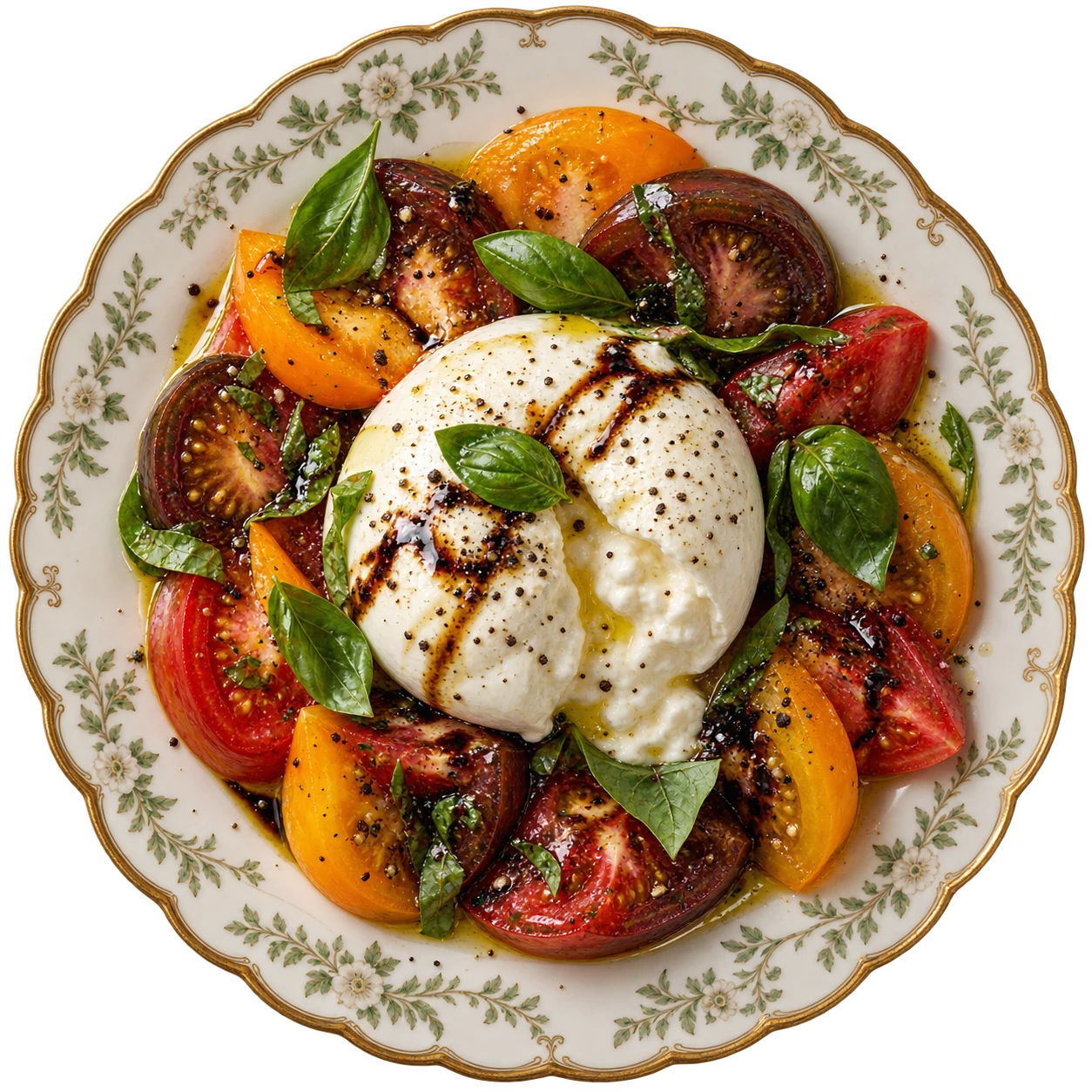 Burrata with heirloom tomatoes, fresh basil and aged balsamic — illustrative serving