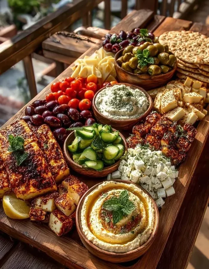 A shared platter of salads and mezze